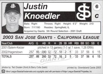 2003 Grandstand San Jose Giants #6 Justin Knoedler Back