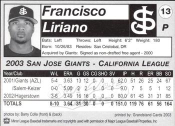 2003 Grandstand San Jose Giants #13 Francisco Liriano Back