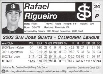 2003 Grandstand San Jose Giants #24 Rafael Rigueiro Back