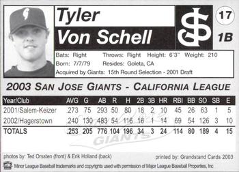 2003 Grandstand San Jose Giants #17 Tyler Von Schell Back