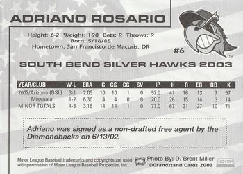 2003 Grandstand South Bend Silver Hawks #NNO Adriano Rosario Back