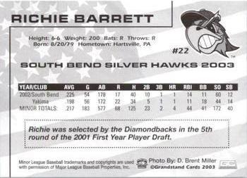 2003 Grandstand South Bend Silver Hawks #NNO Richie Barrett Back