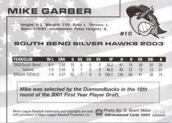 2003 Grandstand South Bend Silver Hawks #NNO Mike Garber Back