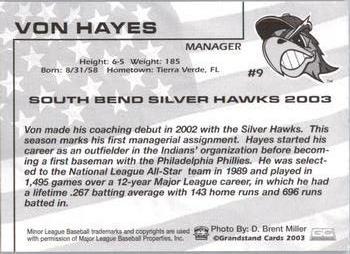 2003 Grandstand South Bend Silver Hawks #NNO Von Hayes Back
