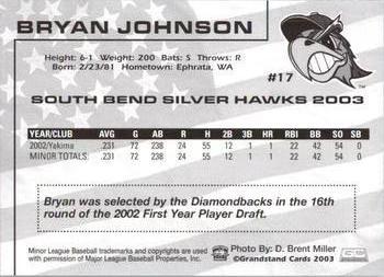 2003 Grandstand South Bend Silver Hawks #NNO Bryan Johnson Back