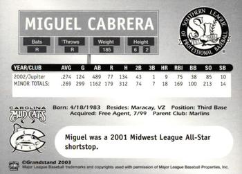 2003 Grandstand Southern League Top Prospects #NNO Miguel Cabrera Back