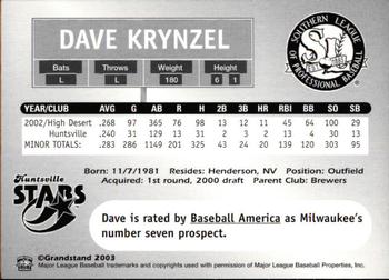 2003 Grandstand Southern League Top Prospects #NNO David Krynzel Back