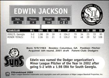 2003 Grandstand Southern League Top Prospects #NNO Edwin Jackson Back