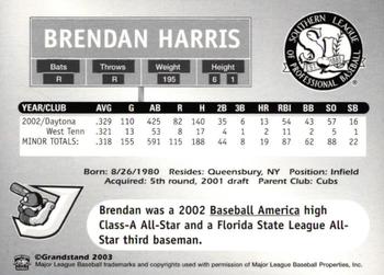 2003 Grandstand Southern League Top Prospects #NNO Brendan Harris Back
