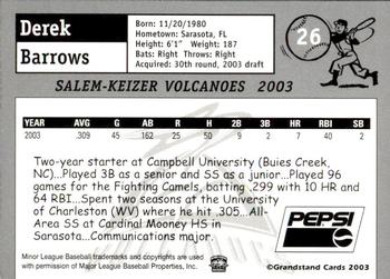2003 Grandstand Salem-Keizer Volcanoes #NNO Derek Barrows Back