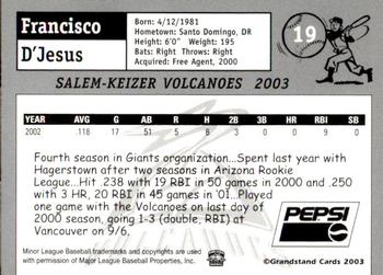 2003 Grandstand Salem-Keizer Volcanoes #NNO Francisco D'Jesus Back