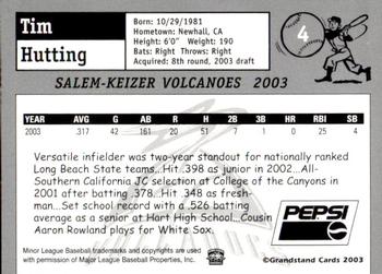 2003 Grandstand Salem-Keizer Volcanoes #NNO Tim Hutting Back