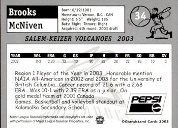 2003 Grandstand Salem-Keizer Volcanoes #NNO Brooks McNiven Back