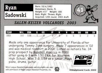 2003 Grandstand Salem-Keizer Volcanoes #NNO Ryan Sadowski Back