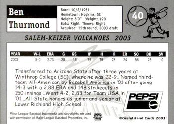 2003 Grandstand Salem-Keizer Volcanoes #NNO Ben Thurmond Back