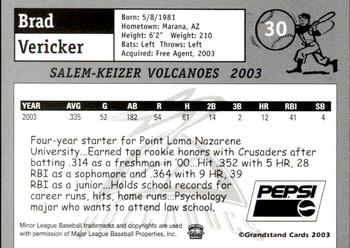 2003 Grandstand Salem-Keizer Volcanoes #NNO Brad Vericker Back