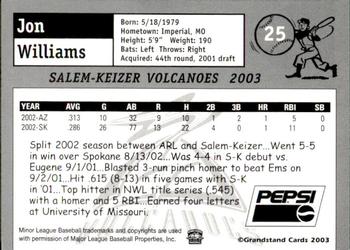 2003 Grandstand Salem-Keizer Volcanoes #NNO Jon Williams Back