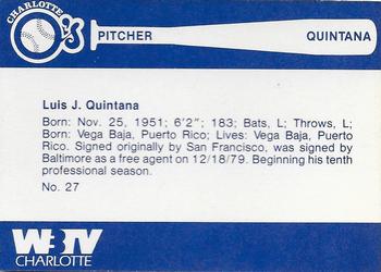 1980 WBTV Charlotte O's #NNO Luis Quintana Back