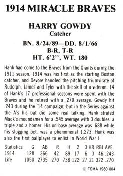 1980 TCMA 1914 Boston Braves #004 Hank Gowdy Back