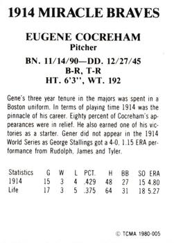 1980 TCMA 1914 Boston Braves #005 Gene Cocreham Back
