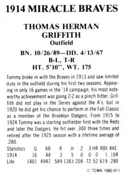 1980 TCMA 1914 Boston Braves #011 Tommy Griffith Back
