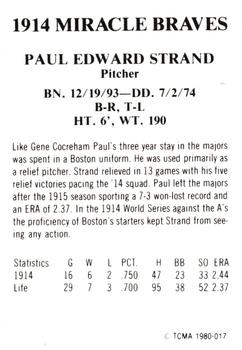 1980 TCMA 1914 Boston Braves #017 Paul Strand Back