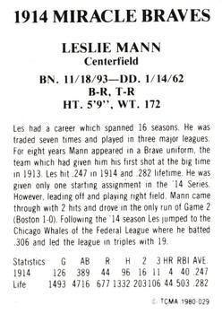 1980 TCMA 1914 Boston Braves #029 Les Mann Back