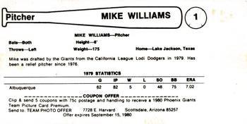 1980 Valley National Bank Phoenix Giants #1 Mike Williams Back