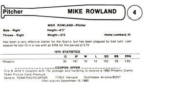 1980 Valley National Bank Phoenix Giants #4 Mike Rowland Back