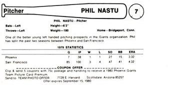 1980 Valley National Bank Phoenix Giants #7 Phil Nastu Back