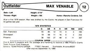 1980 Valley National Bank Phoenix Giants #12 Max Venable Back
