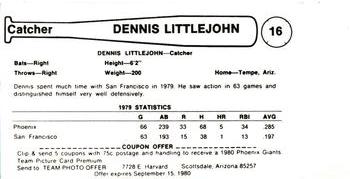 1980 Valley National Bank Phoenix Giants #16 Dennis Littlejohn Back