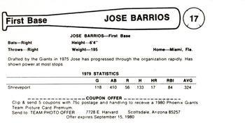1980 Valley National Bank Phoenix Giants #17 Jose Barrios Back