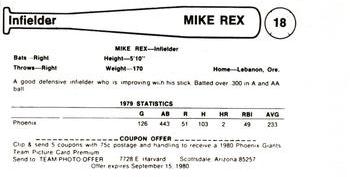 1980 Valley National Bank Phoenix Giants #18 Mike Rex Back