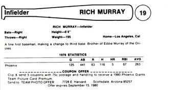 1980 Valley National Bank Phoenix Giants #19 Rich Murray Back