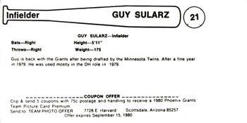1980 Valley National Bank Phoenix Giants #21 Guy Sularz Back