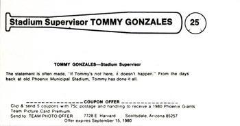1980 Valley National Bank Phoenix Giants #25 Tommy Gonzales Back