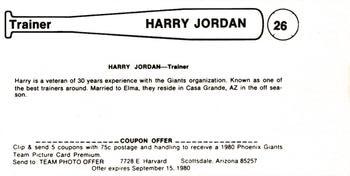 1980 Valley National Bank Phoenix Giants #26 Harry Jordan Back