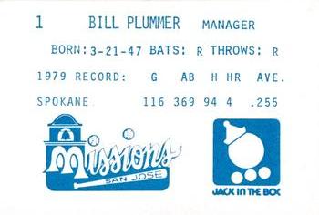 1980 Jack in the Box San Jose Missions #1 Bill Plummer Back