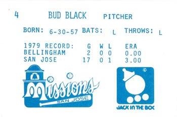 1980 Jack in the Box San Jose Missions #4 Bud Black Back