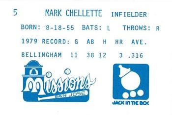1980 Jack in the Box San Jose Missions #5 Mark Chelette Back