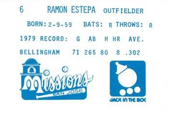 1980 Jack in the Box San Jose Missions #6 Ramon Estepa Back
