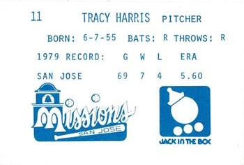 1980 Jack in the Box San Jose Missions #10 Tracy Harris Back
