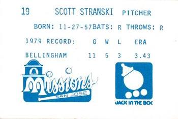 1980 Jack in the Box San Jose Missions #19 Scott Stranski Back