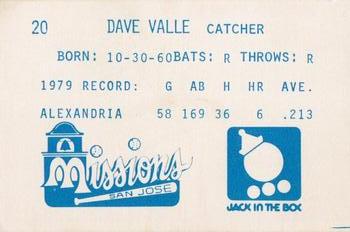 1980 Jack in the Box San Jose Missions #20 Dave Valle Back