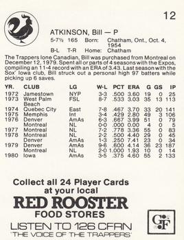 1981 Red Rooster Edmonton Trappers #12 Bill Atkinson Back