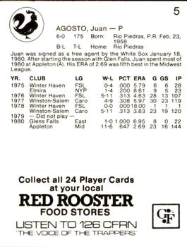 1981 Red Rooster Edmonton Trappers #5 Juan Agosto Back