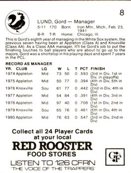 1981 Red Rooster Edmonton Trappers #8 Gord Lund Back