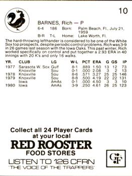 1981 Red Rooster Edmonton Trappers #10 Rich Barnes Back