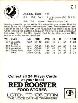 1981 Red Rooster Edmonton Trappers #21 Rod Allen Back